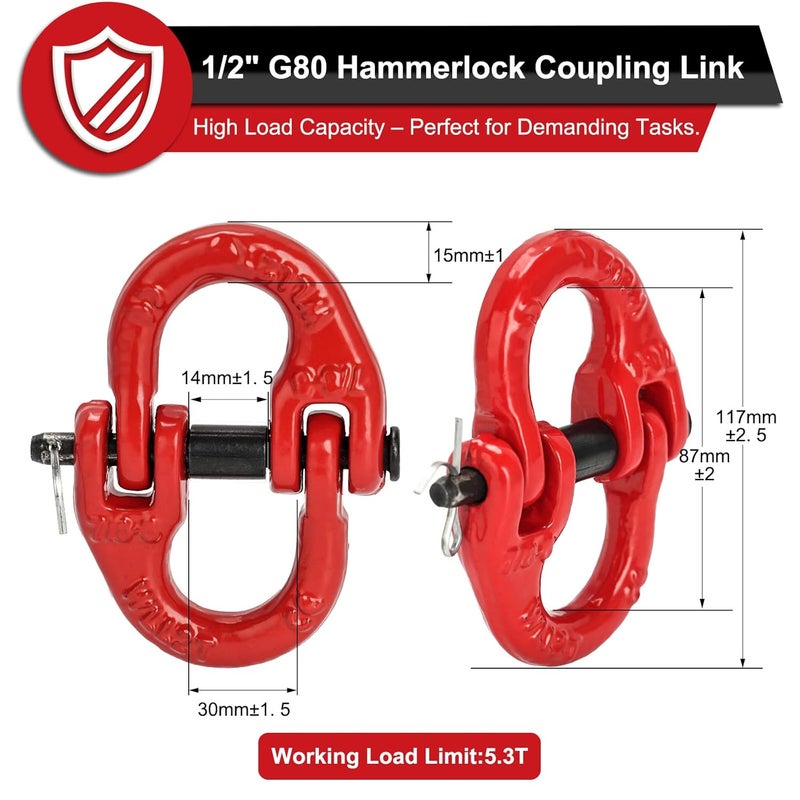 Lechansen G80 1/2" Safety Chain Connector Link, 2 Pack Heavy Duty Hammerlock Coupling Link, Tow Hitch, Tow Chain Connector for Towing, Lifting, Trucks & Trailers - Image 2